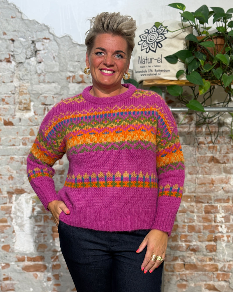 AIKUSS gekleurde wollen trui LORI PINK MULTI van alpaca