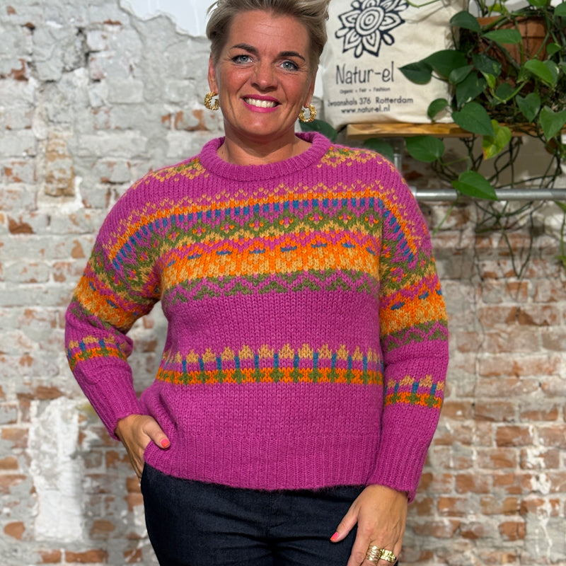 AIKUSS gefärbter Wollpullover LORI PINK MULTI aus Alpaka