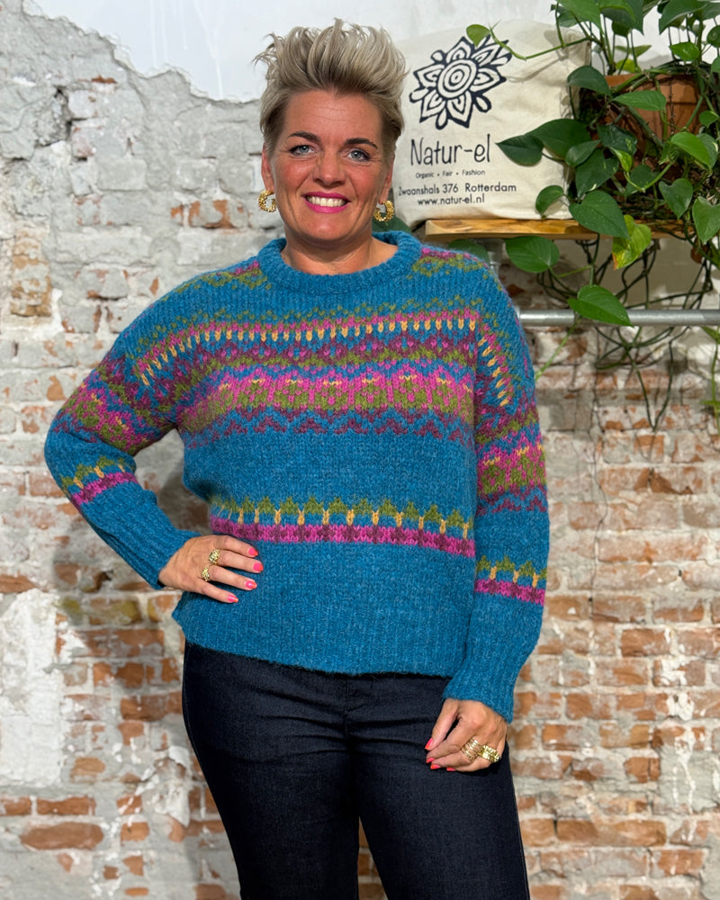 AIKUSS gekleurde wollen trui LORI TURQUOISE van alpaca