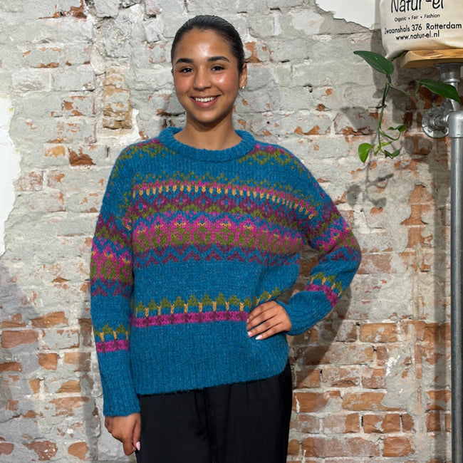 AIKUSS gekleurde wollen trui LORI TURQUOISE van alpaca