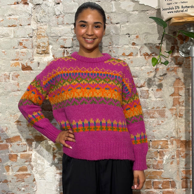 AIKUSS gekleurde wollen trui LORI PINK MULTI van alpaca