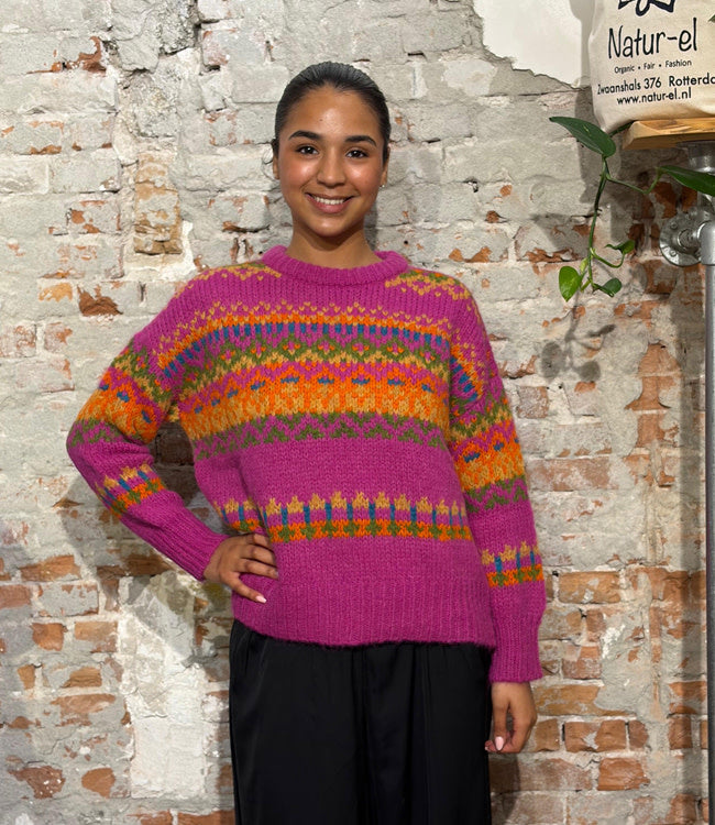 AIKUSS gekleurde wollen trui LORI PINK MULTI van alpaca