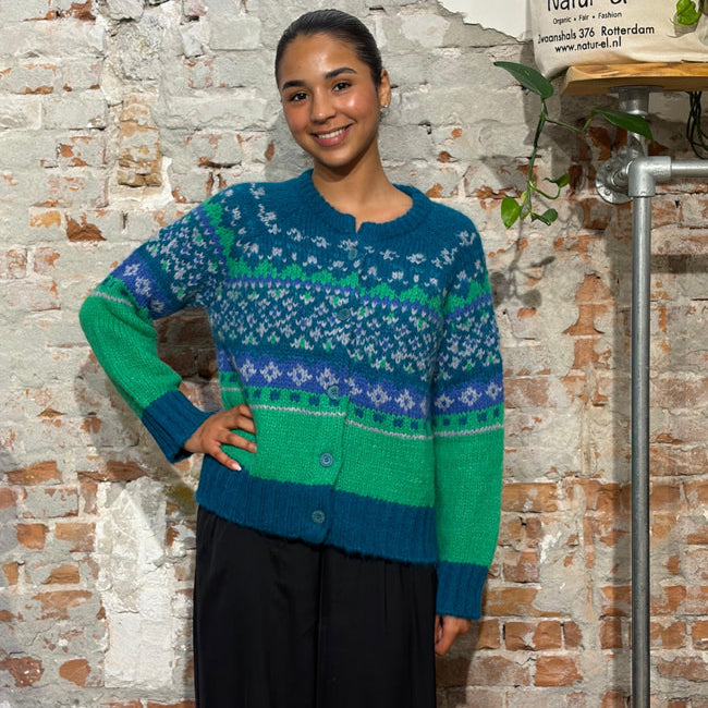 AIKUSS gekleurd wollen vest EMILIA GREEN TEAL van alpaca