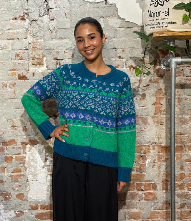 AIKUSS gekleurd wollen vest EMILIA GREEN TEAL van alpaca