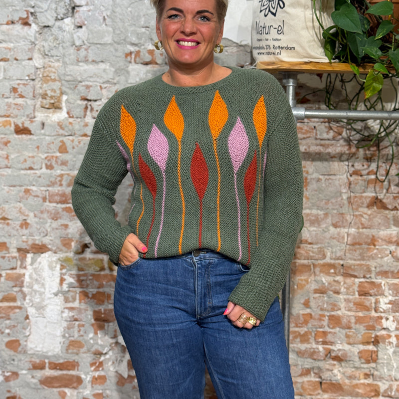 ANUKOO wollen trui GREEN FLOWERS 100% alpaca