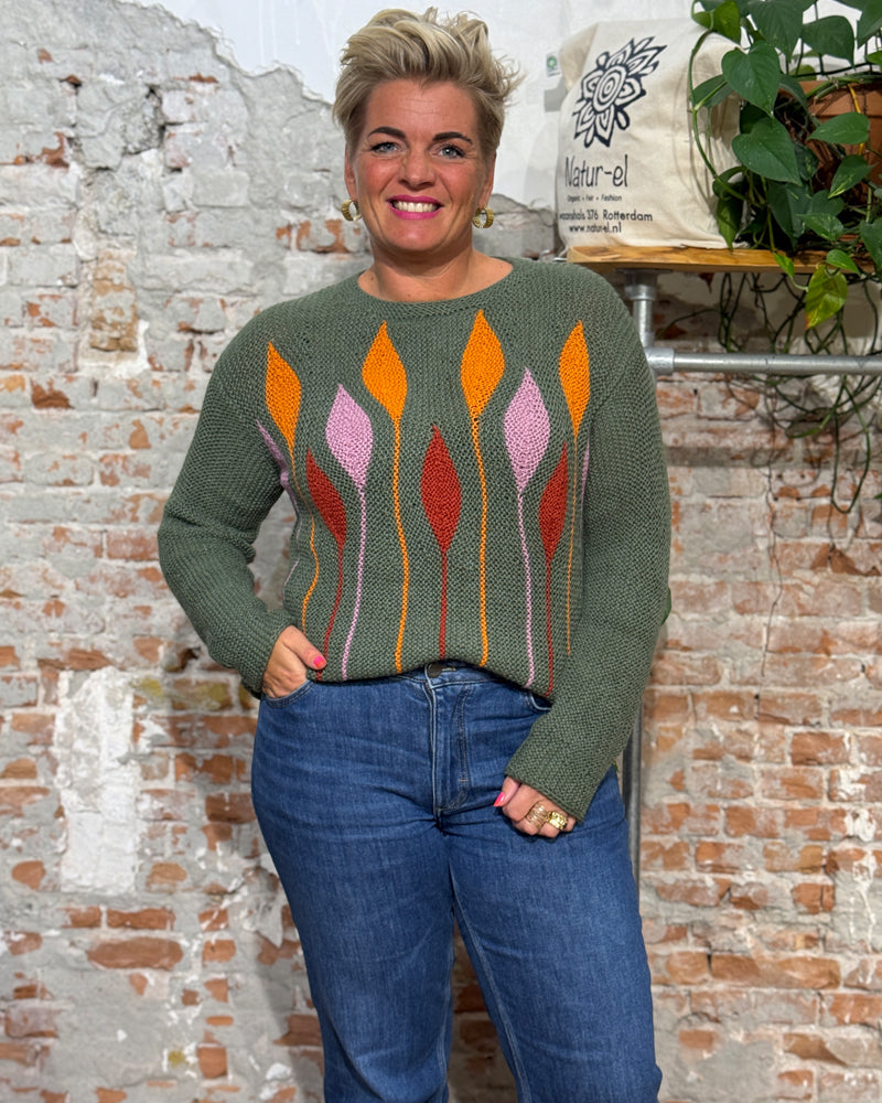 ANUKOO wollen trui GREEN FLOWERS 100% alpaca