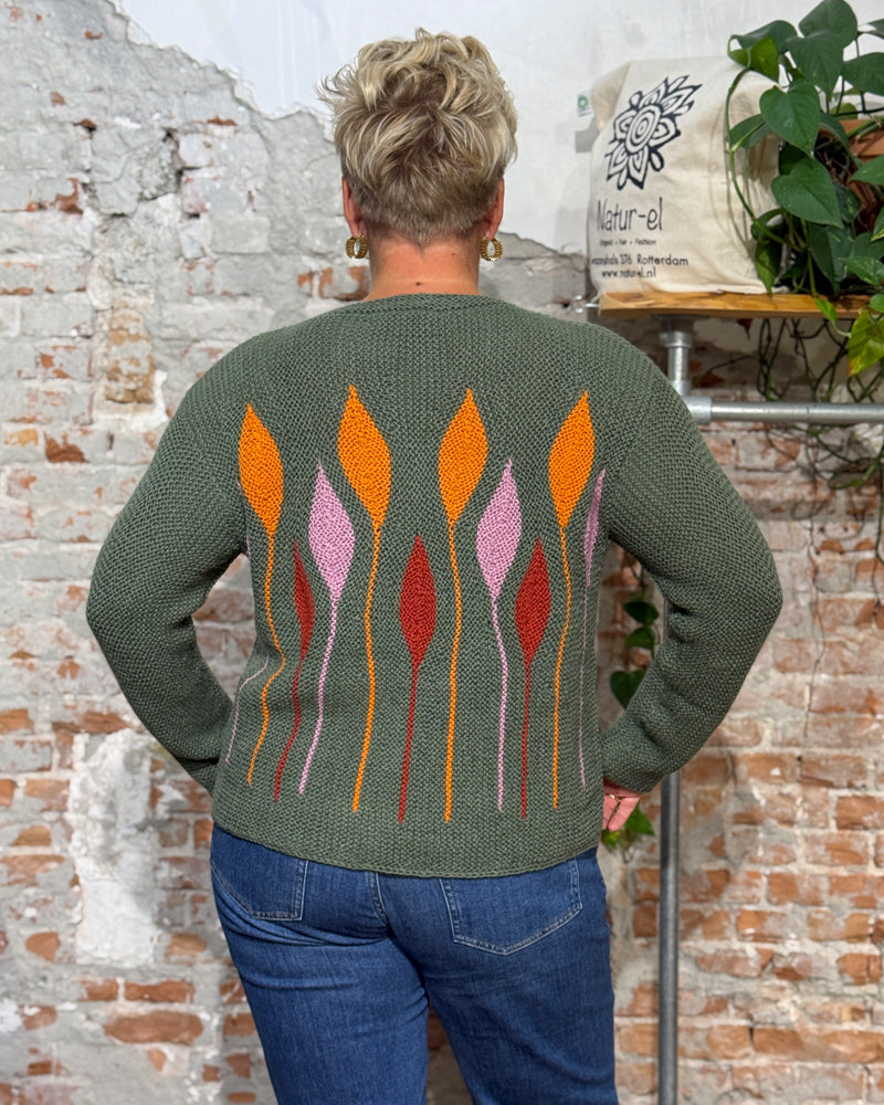 ANUKOO wollen trui GREEN FLOWERS 100% alpaca