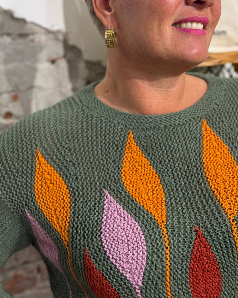 ANUKOO wollen trui GREEN FLOWERS 100% alpaca