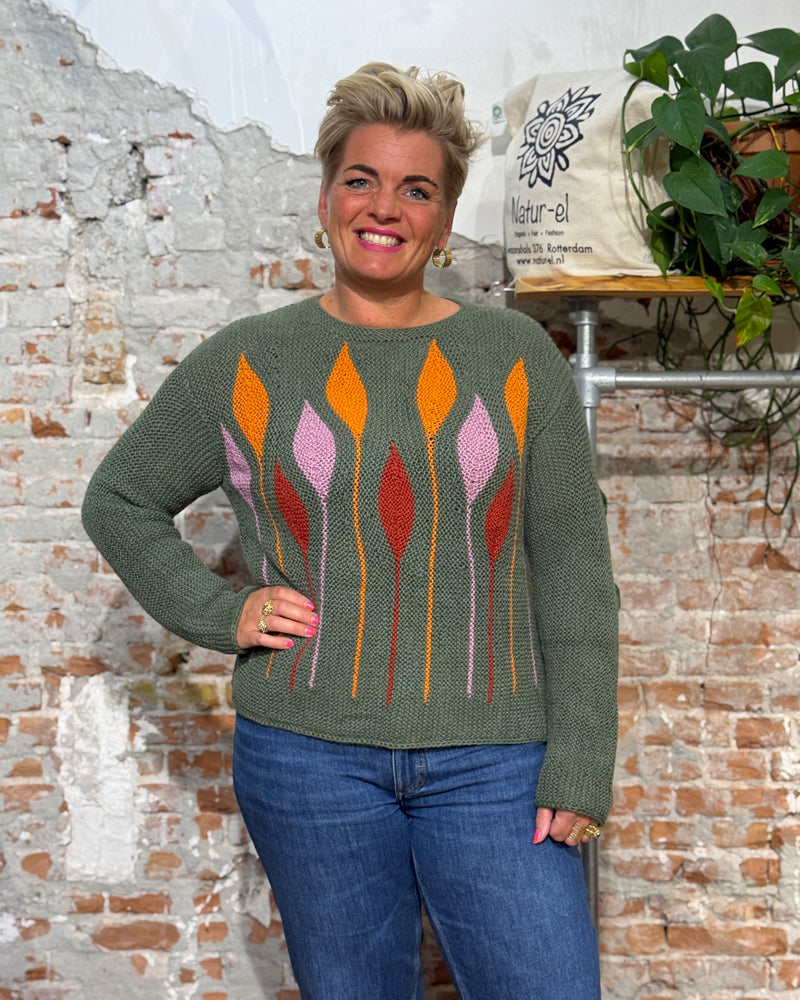 ANUKOO wollen trui GREEN FLOWERS 100% alpaca