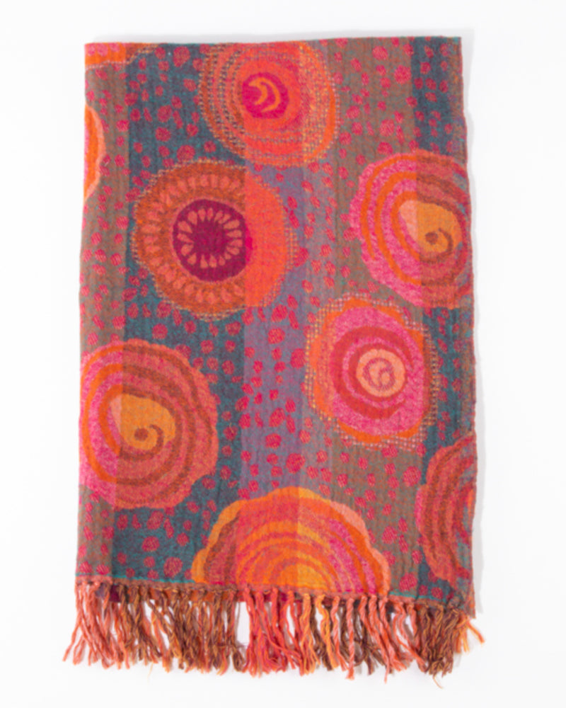 ANUKOO sjaal omslagdoek 100% wol met franjes RED FLOWERS