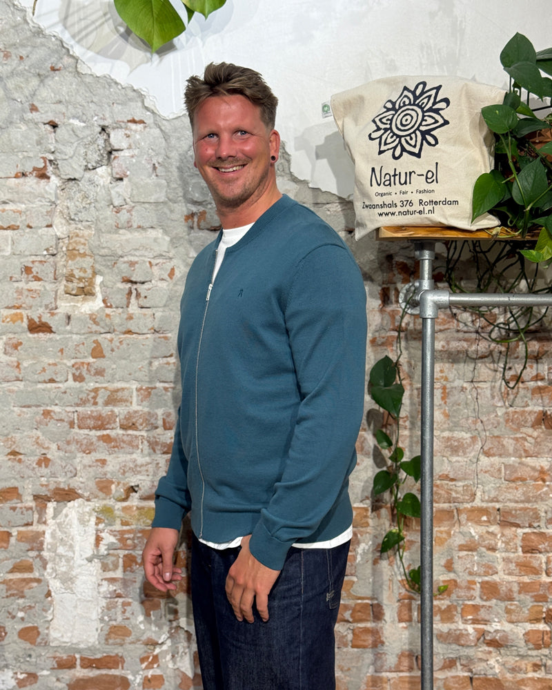 ARMEDANGELS AGAAMON PETROL zip-up cardigan organic cotton