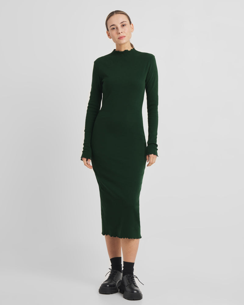 DEDICATED lange rib jurk LOFTA PINE GREEN van biologisch katoen