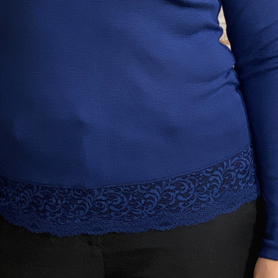 ENGEL Wol zijde dames longsleeve MET KANT v-hals NAVY