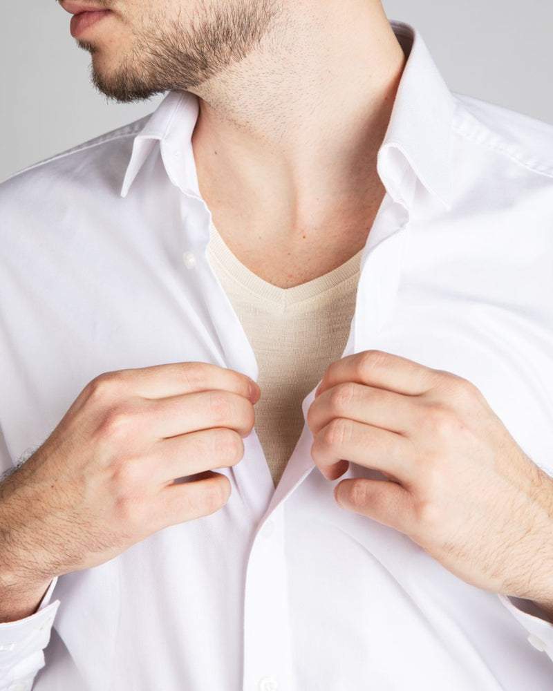 ENGEL wol zijde heren V-HALS shirt met korte mouw NATUREL