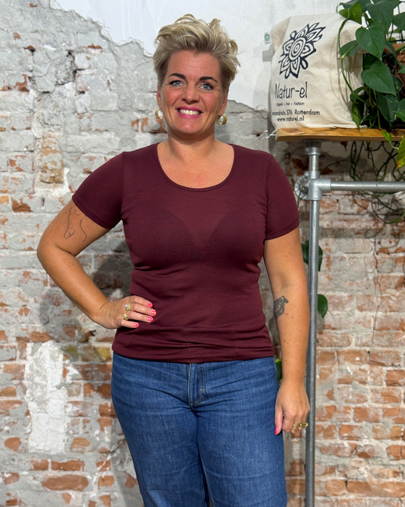 ENGEL Wol zijde shirt korte mouw dames BORDEAUX