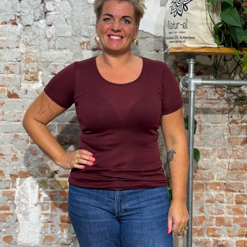 ENGEL Wol zijde shirt korte mouw dames BORDEAUX