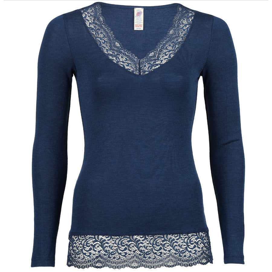 ENGEL Wol zijde dames longsleeve MET KANT v-hals NAVY