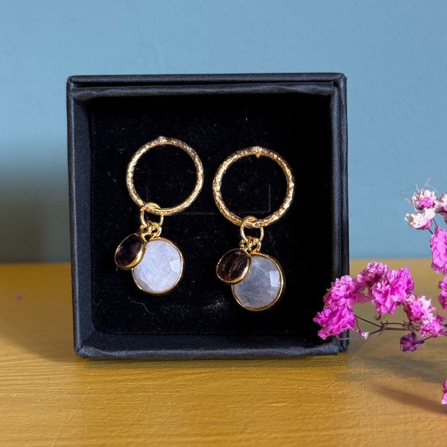 FAIRTRADE Oorbellen met cateye stenen DUO GREY verguld