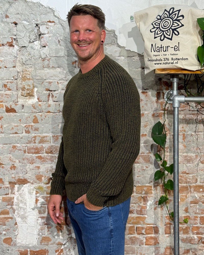 FISHERMAN wool sweater in merino and cashmere JORIS OLIVE NAVY