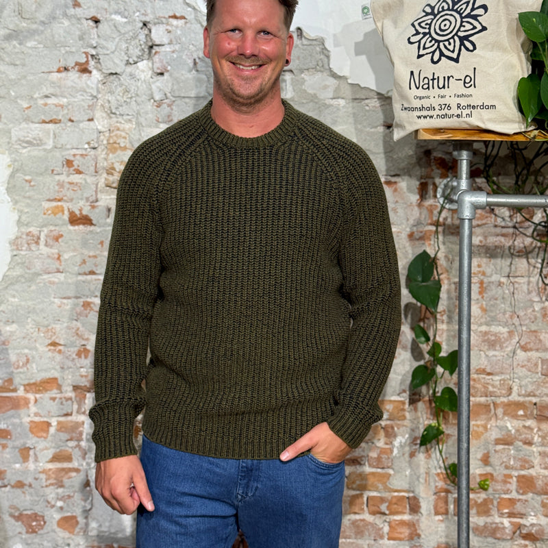 FISHERMAN wool sweater in merino and cashmere JORIS OLIVE NAVY
