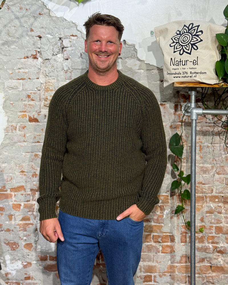 FISHERMAN wool sweater in merino and cashmere JORIS OLIVE NAVY