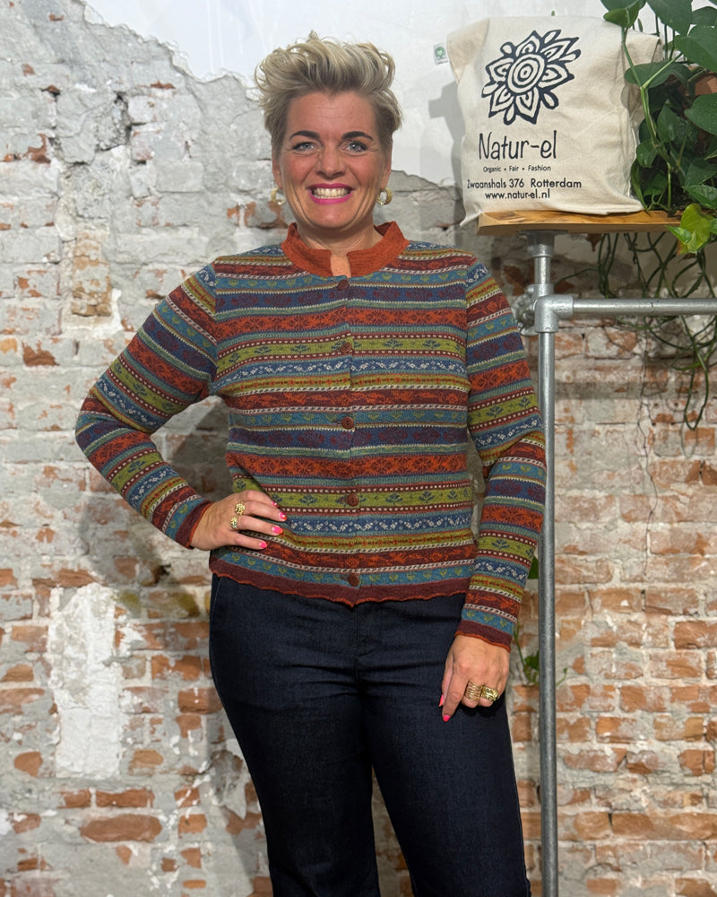 FLOMAX puur wollen vest ISA BURGUNDY STRIPES met kraag