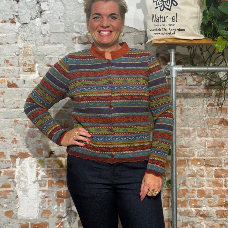 FLOMAX pure wool cardigan ISA BURGUNDY STRIPES with collar
