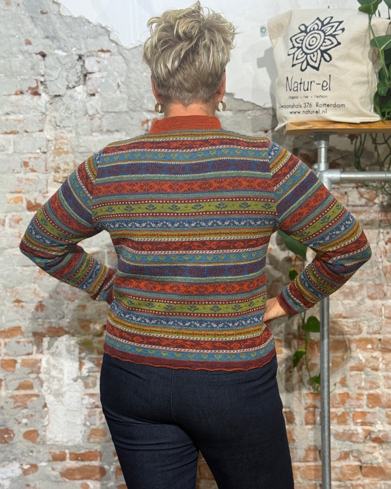 FLOMAX pure wool cardigan ISA BURGUNDY STRIPES with collar