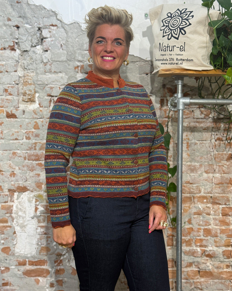 FLOMAX pure wool cardigan ISA BURGUNDY STRIPES with collar