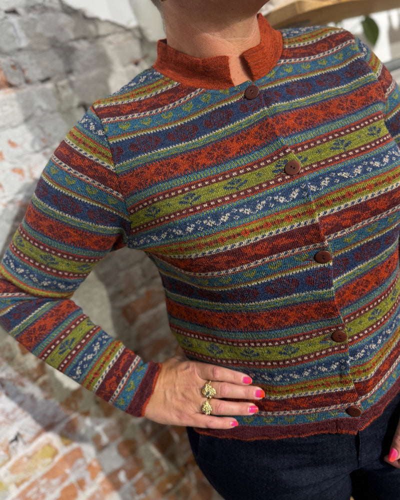 FLOMAX puur wollen vest ISA BURGUNDY STRIPES met kraag