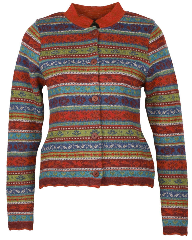 FLOMAX pure wool cardigan ISA BURGUNDY STRIPES with collar
