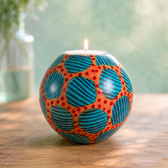 FAIRTRADE gekleurde waxinelichthouder van speksteen TURQUOISE ORANGE