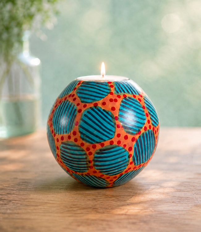 FAIRTRADE gekleurde waxinelichthouder van speksteen TURQUOISE ORANGE
