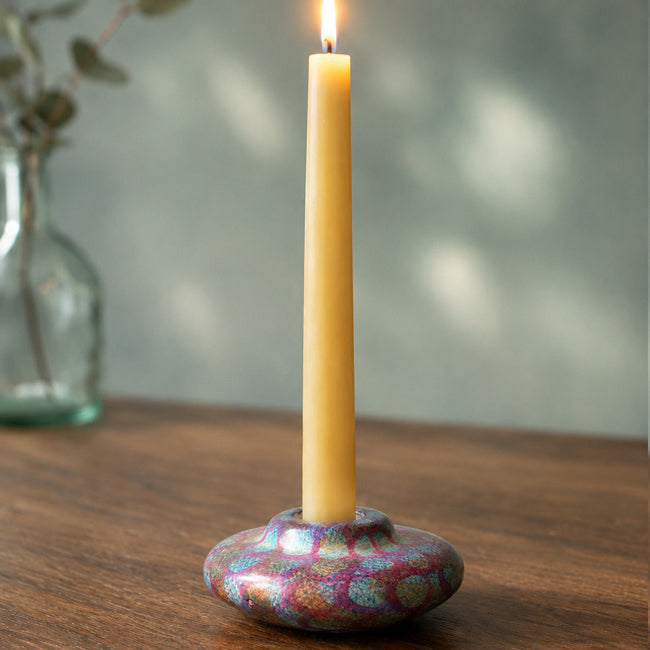 FAIRTRADE gekleurde kaarsen houder van speksteen AQUA PINK DOTS