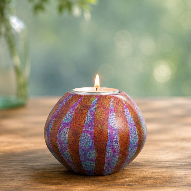 FAIRTRADE gekleurde waxinelichthouder van speksteen STRIPES