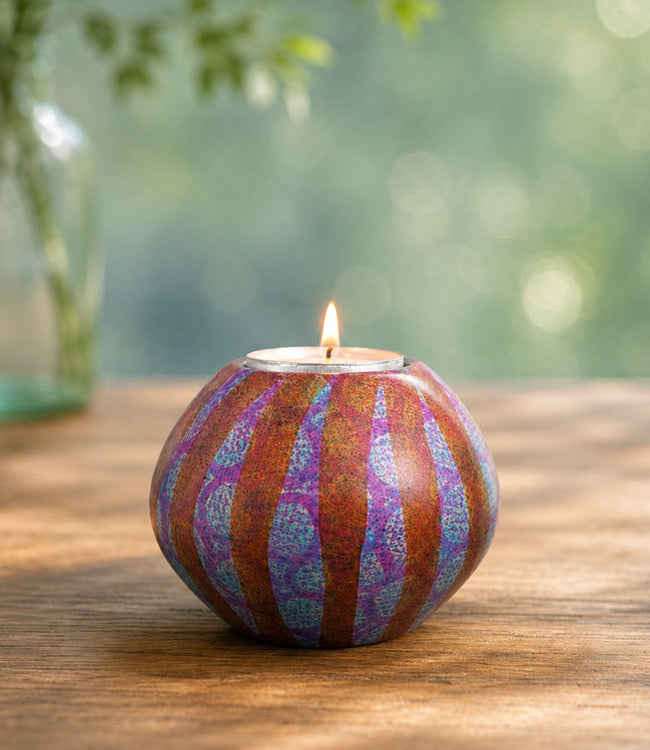 FAIRTRADE gekleurde waxinelichthouder van speksteen STRIPES