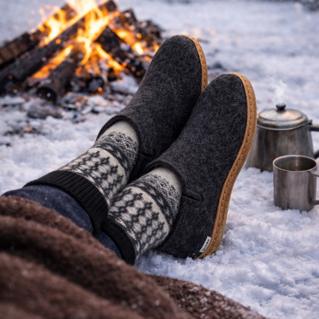 GLERUPS wollen sloffen pantoffels CHARCOAL RUBBER HONEY