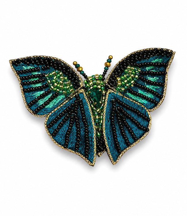 FAIRTRADE broche VLINDER PETROL met pailetten en kralen
