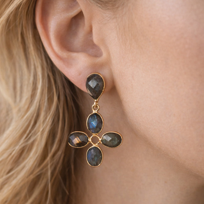 FAIRTRADE Oorbellen met stenen CLOVER LABADORIET verguld