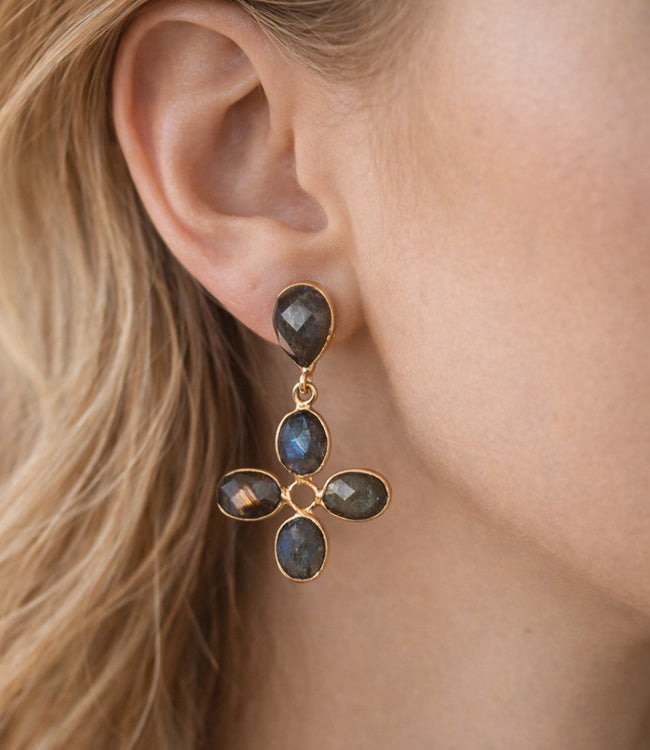 FAIRTRADE Oorbellen met stenen CLOVER LABADORIET verguld