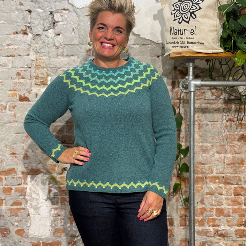 HIMALAYA pure lambswool fairisle sweater GABI GREEN