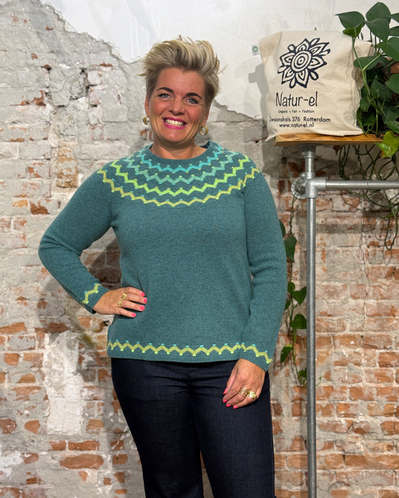 HIMALAYA pure lambswool fairisle sweater GABI GREEN