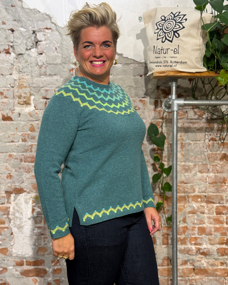 HIMALAYA pure lambswool fairisle sweater GABI GREEN