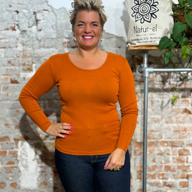 HOCOSA wollen longsleeve van wol en zijde dames TERRACOTTA