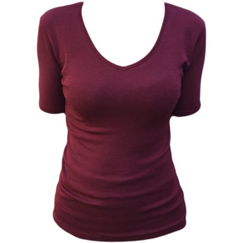 Hocosa shirt korte mouw wol zijde v-hals BORDEAUX dames