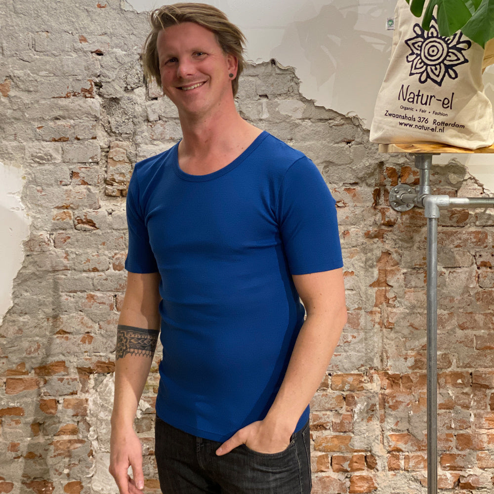 HOCOSA shirt korte mouw wol zijde heren BLAUW