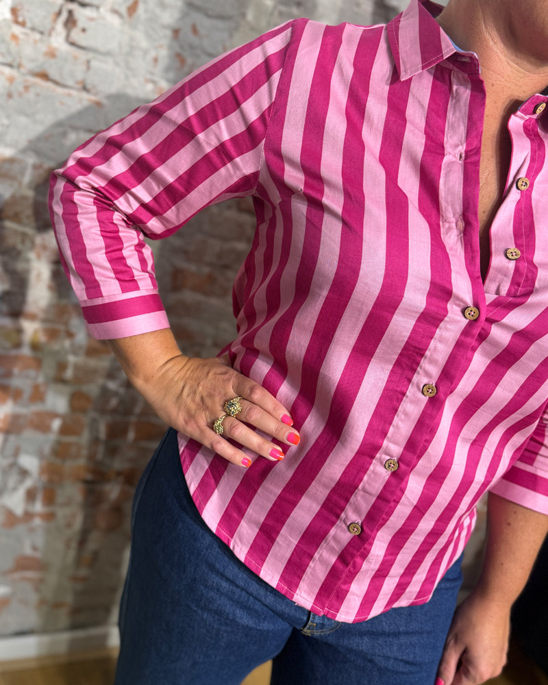 KITE gestreepte blouse LIV PINK van biologisch katoen satijn