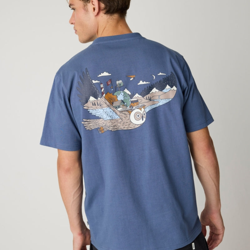 T-shirt met print FLYING OWL INDIGO biologisch katoen KCA