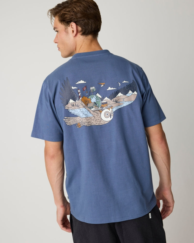 T-shirt met print FLYING OWL INDIGO biologisch katoen KCA