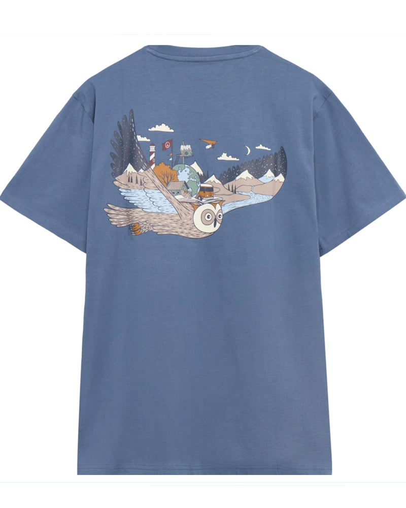 T-shirt met print FLYING OWL INDIGO biologisch katoen KCA